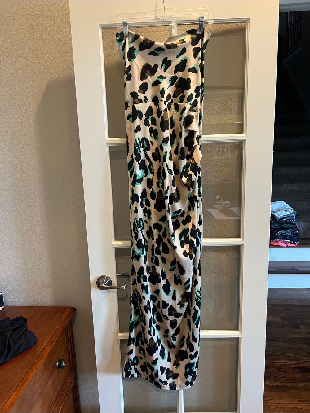 Fashion Nova Cream Slip Maxi Dress with Teal and Black Leopard Print